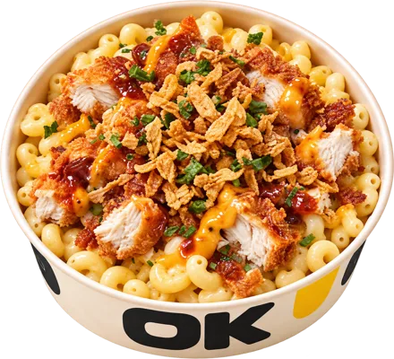 Bowl Krousty aux coquillettes, poulet croustillant, sauce et oignons frits