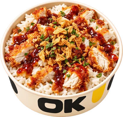 Bowl Krousty au riz, poulet croustillant, sauce et oignons frits