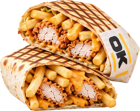 Tacos Krousty grillé coupé en deux, poulet et frites