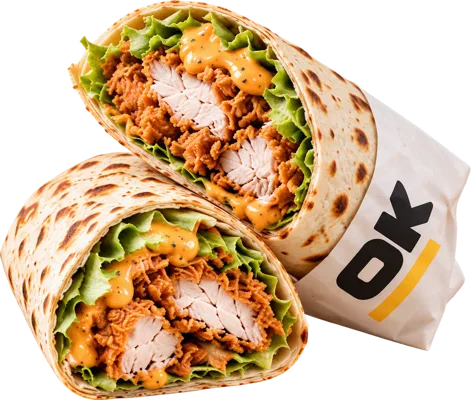 Wrap Krousty coupé en deux, poulet pané et salade